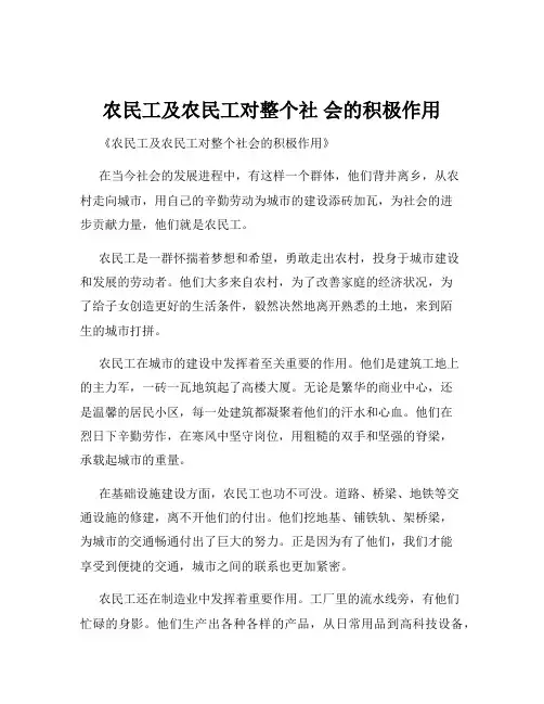 农民工及农民工对整个社 会的积极作用