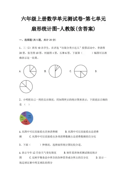 六年级上册数学单元测试卷-第七单元 扇形统计图-人教版(含答案)