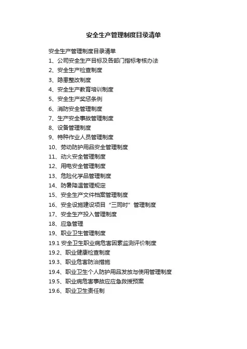 安全生产管理制度目录清单