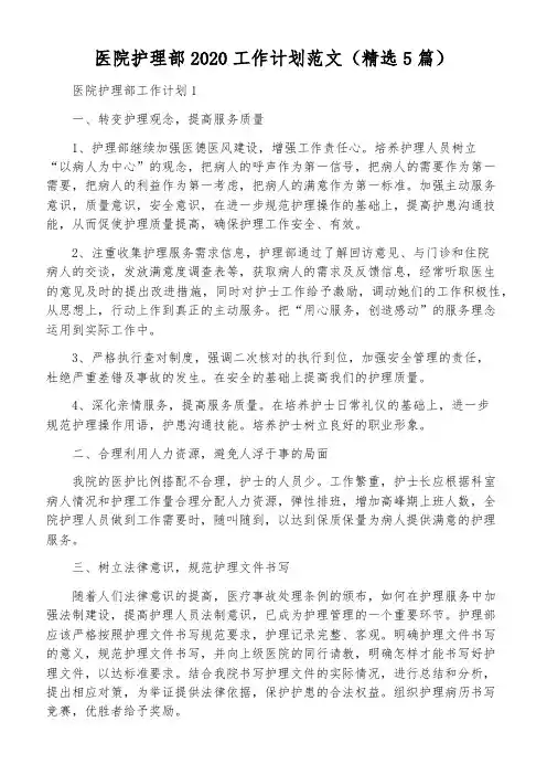 医院护理部2020工作计划范文(精选5篇)