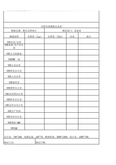 光照度测试表 Microsoft Excel 工作表