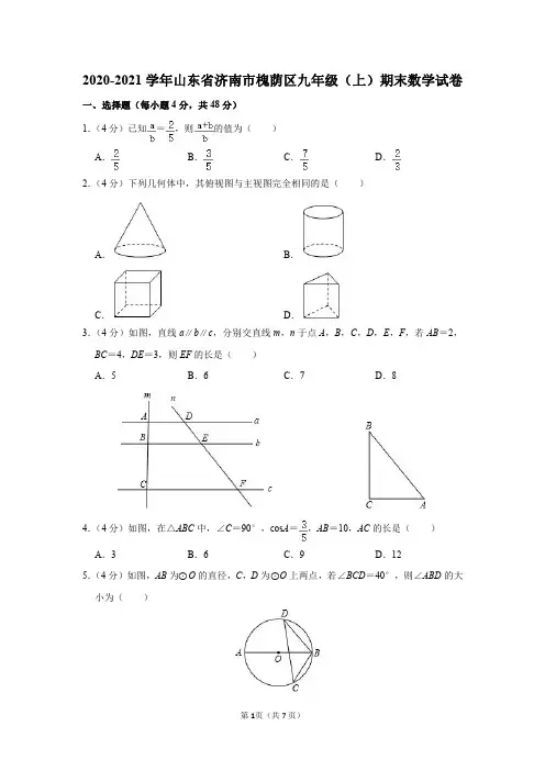 2020-2021学年山东省济南市槐荫区九年级(上)期末数学试卷及参考答案