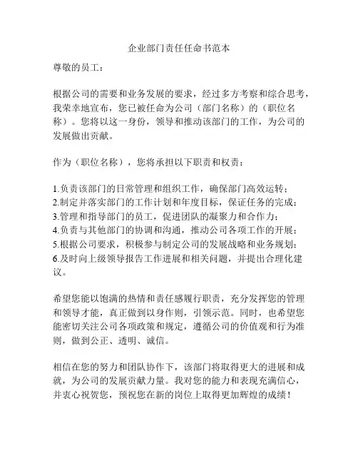 企业部门责任任命书范本