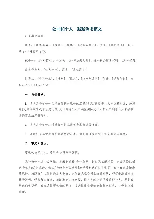 公司和个人一起起诉书范文