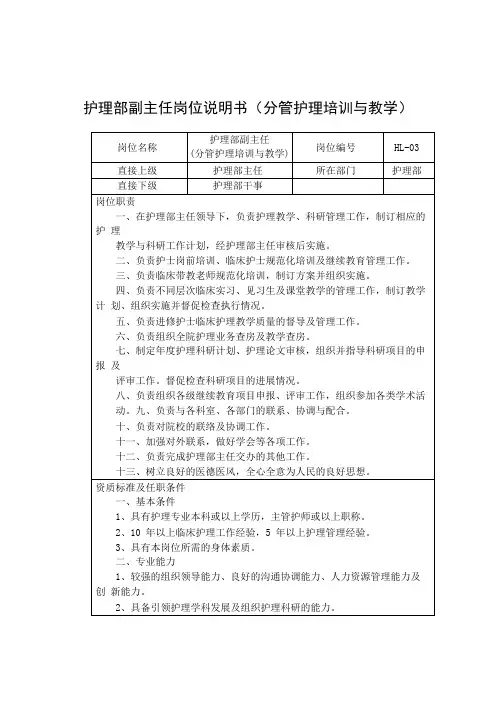 护理部副主任岗位说明书(分管护理培训与教学)