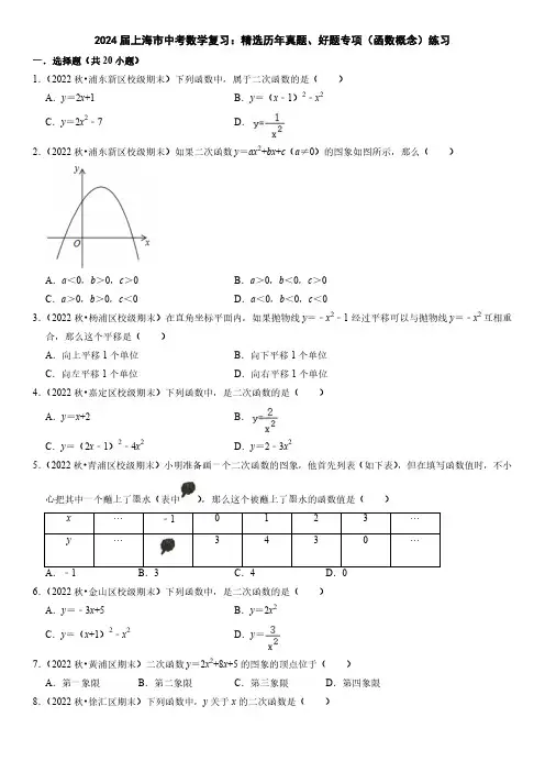 2024届上海市中考数学复习：精选历年真题、好题专项(函数概念)练习(附答案)