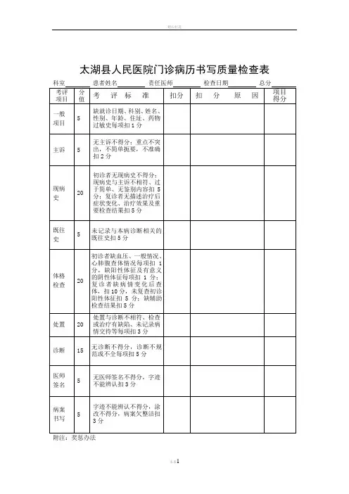门诊病历书写质量检查表