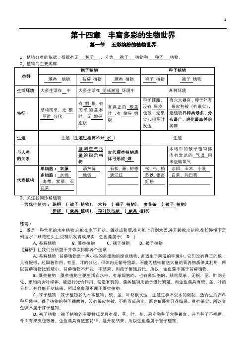八年级上册生物 第十四章  丰富多彩的生物世界 1至4节知识点+习题与答案解析 