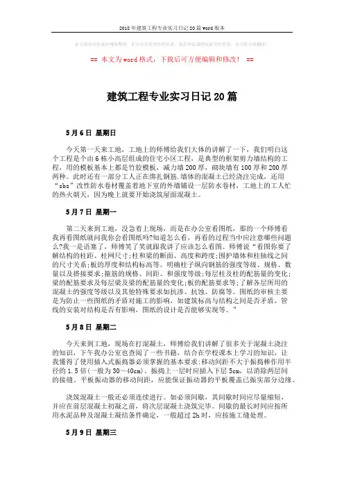 2018年建筑工程专业实习日记20篇word版本 (5页)