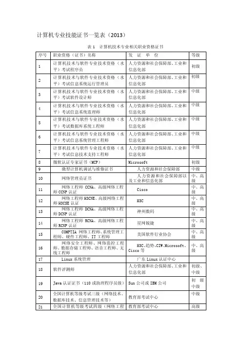 计算机专业技能证书一览表（1）