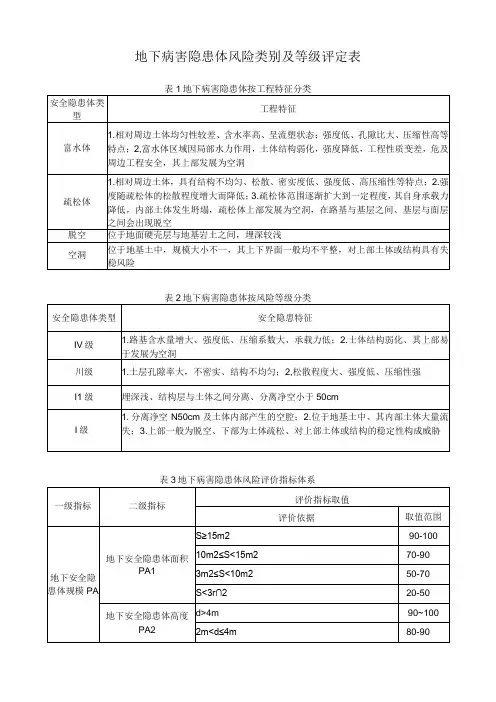 地下病害隐患体风险类别及等级评定表