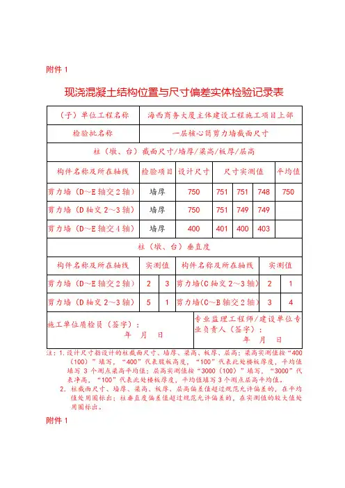 现浇混凝土结构位置与尺寸偏差实体检验记录表 (1)