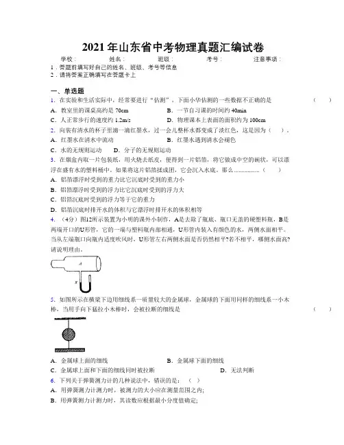 2021年山东省中考物理真题汇编试卷附解析