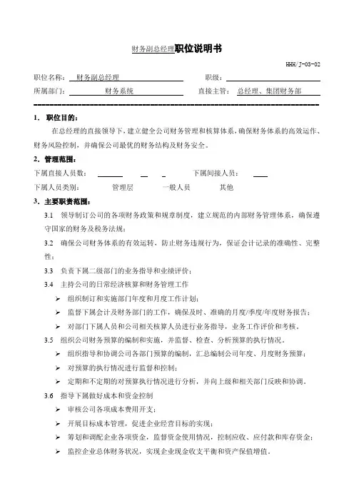 财务副总经理职位说明书