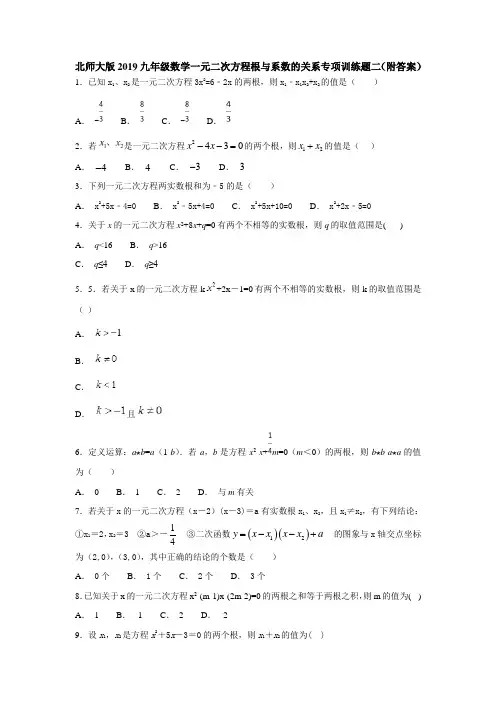 北师大版2019九年级数学一元二次方程根与系数的关系专项训练题二(附答案)
