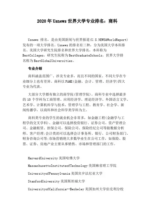 2020年Usnews世界大学专业排名：商科