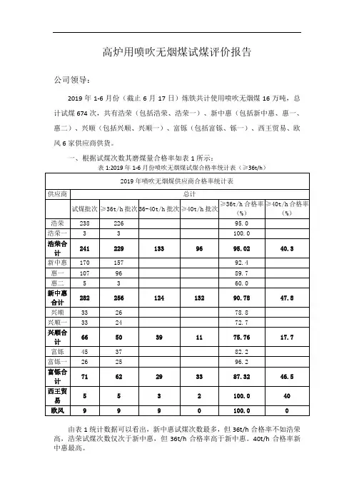 高炉用喷吹无烟煤试煤评价报告