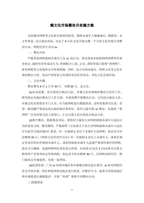 镇文化市场整治月实施方案