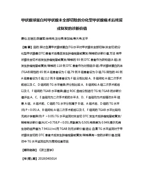 甲状腺球蛋白对甲状腺未全部切除的分化型甲状腺癌术后残留或复发的诊断价值