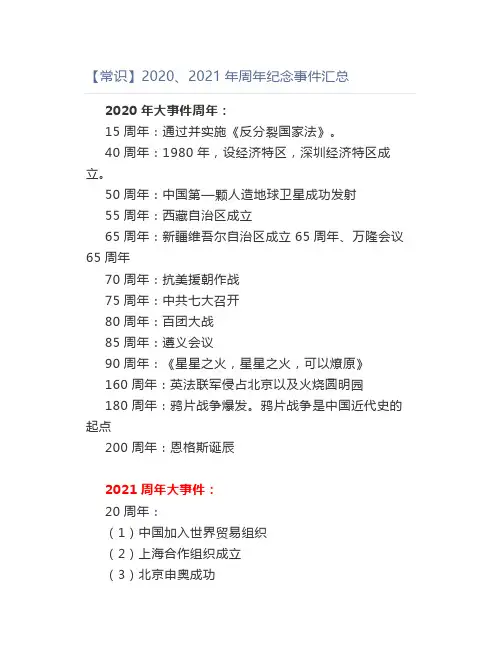 【常识】2020、2021年周年纪念事件汇总