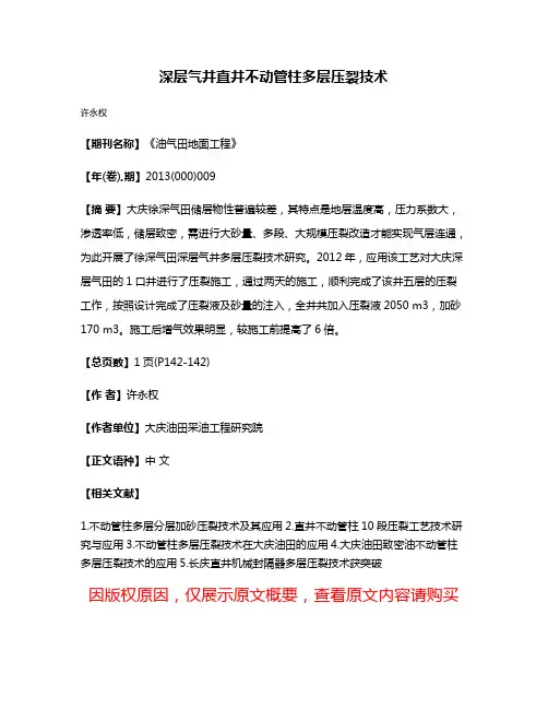 深层气井直井不动管柱多层压裂技术