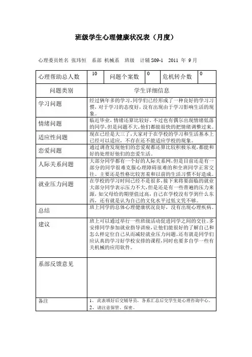 班级学生心理健康状况表