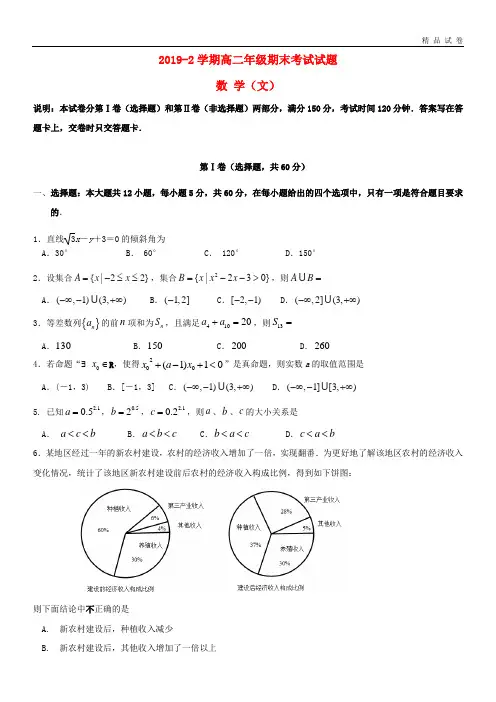 2019学年高二数学下学期期末考试试题 文新人教目标版