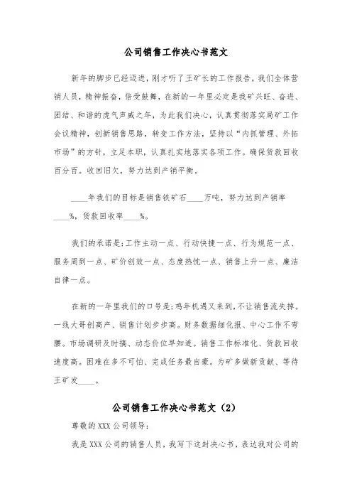 公司销售工作决心书范文（2篇）