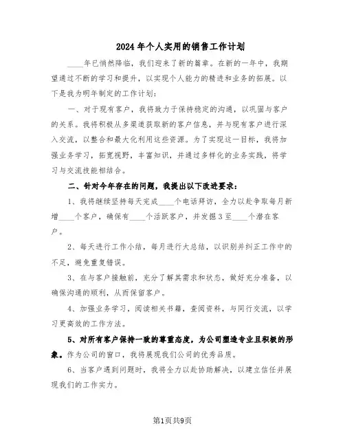 2024年个人实用的销售工作计划（五篇）