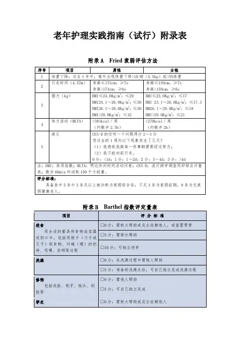老年护理实践指南(试行)附录表
