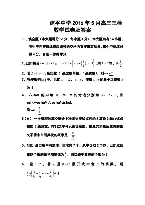 2016年5月上海市浦东新区建平中学高三三模数学试卷及答案