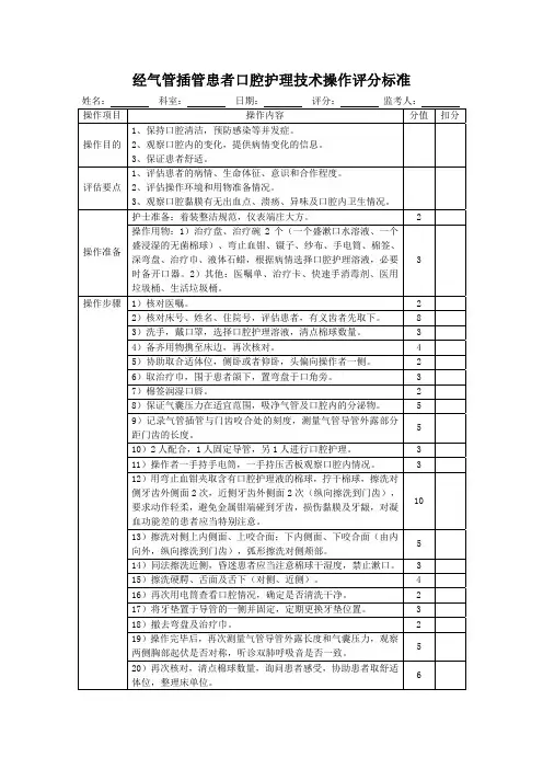 经气管插管患者口腔护理技术操作评分标准表
