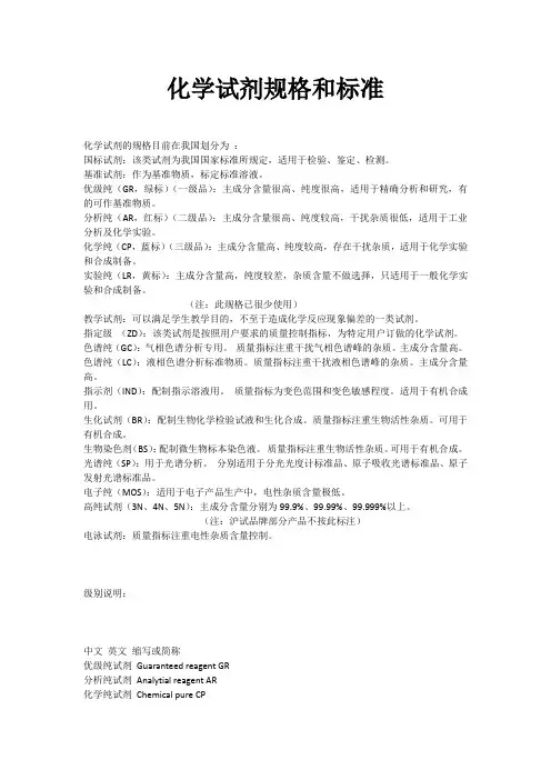 化学试剂规格和标准