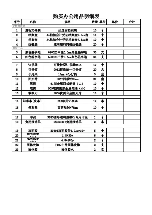 办公用品明细表