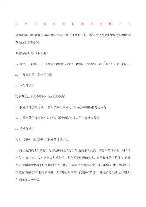 药学专业相关职称和资格证书