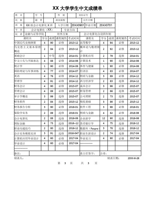 XX大学学生中文成绩单(会计电算化专业)