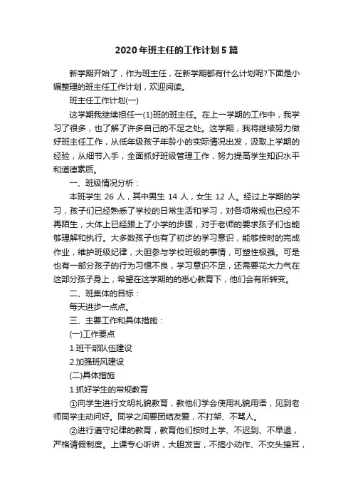 2020年班主任的工作计划5篇