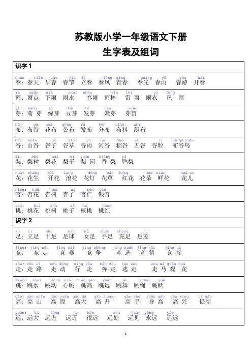 苏教版小学一年级语文下册生字表组词(带拼音)