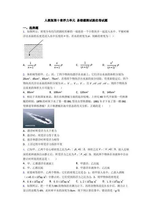 人教版第十章浮力单元 易错题测试提优卷试题