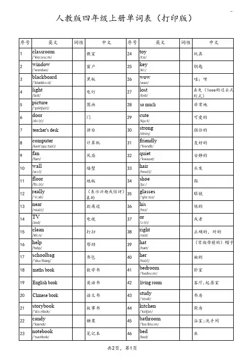 人教版四年级单词表打印版