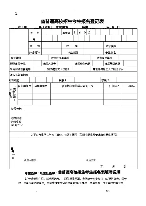 2022年甘肃省普通高校招生考生报名登记表全