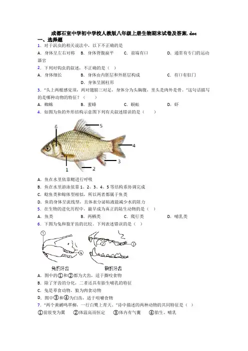 成都石室中学初中学校人教版八年级上册生物期末试卷及答案.doc