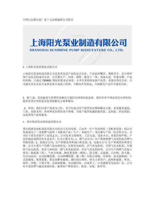 中国污水潜水泵厂家十大品牌最新公司排名