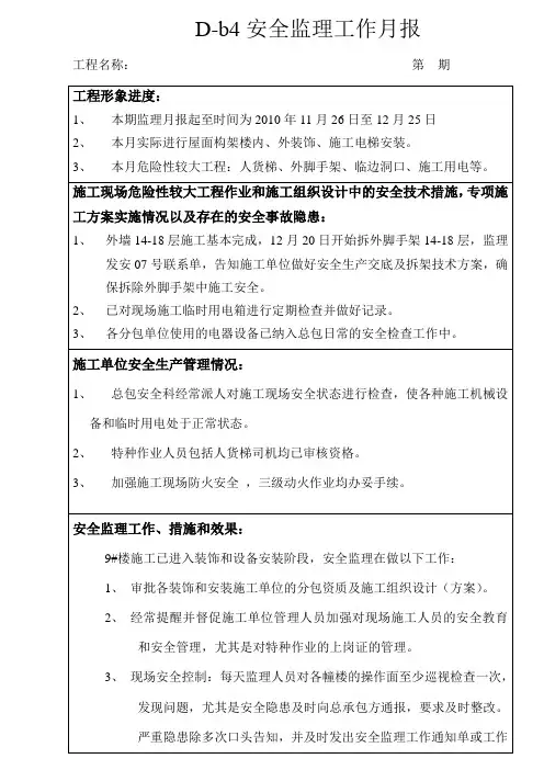 安全监理工作月报表2010年11月份