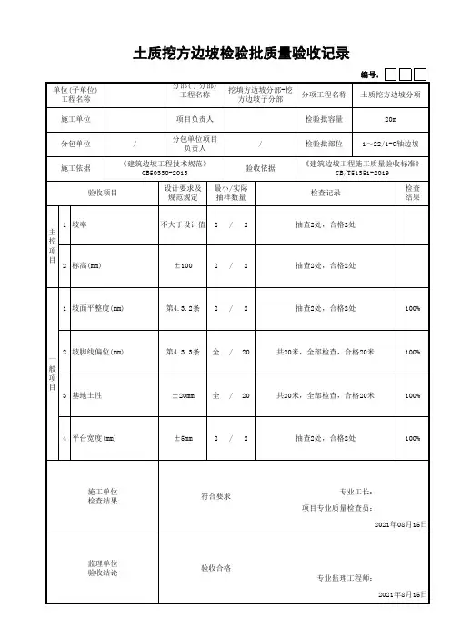 土质挖方边坡检验批质量验收记录(最新工程模板)