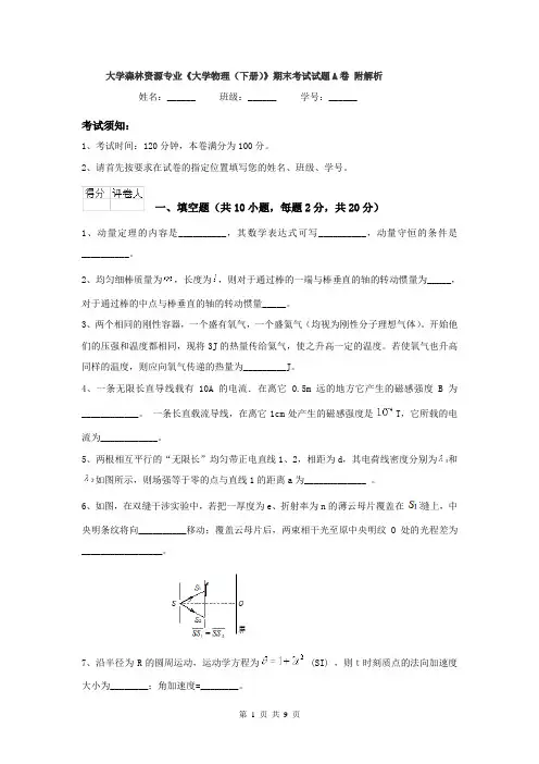 大学森林资源专业《大学物理（下册）》期末考试试题A卷 附解析