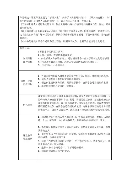 苏教版六年级语文下册第五单元教学知识结构图
