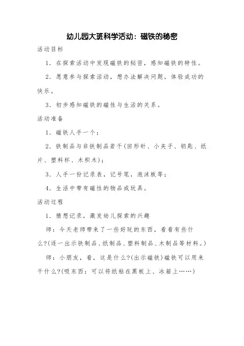 幼儿园大班科学活动《磁铁的秘密》