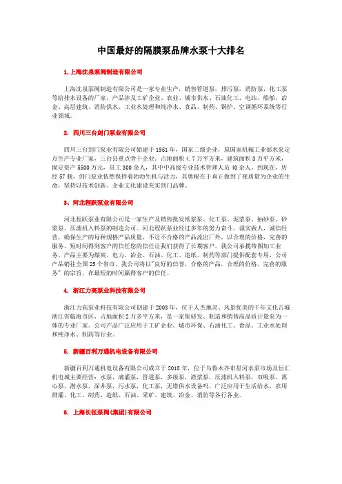 中国最好的隔膜泵品牌水泵十大排名