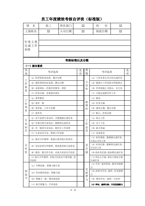 员工年度绩效考核自评表(标准版)